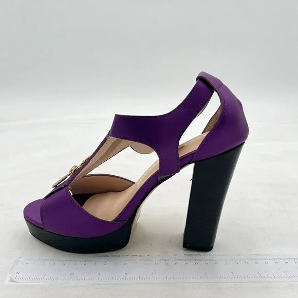FSJ Purple Peep Open Toe T-Strap Front Zipper Chunky Stacked High Heel Sandal - Picture 2 of 8